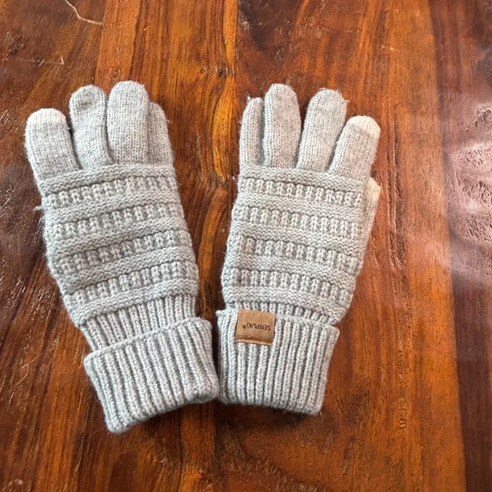 Senpuki Womens Gray Fleece Lined Beanie Headband and Touchscreen Gloves Set
